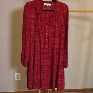 LOFT Red Plaid Long-Sleeve Tiered Shirt Dress